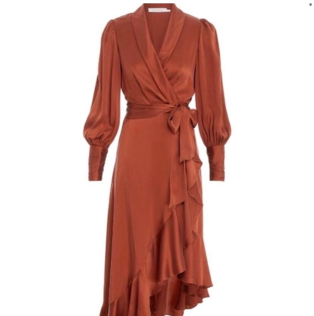 Zimmermann Espionage 100% Silk Rust Luxury Long Sleeve Ruffled Wrap Dress 0
